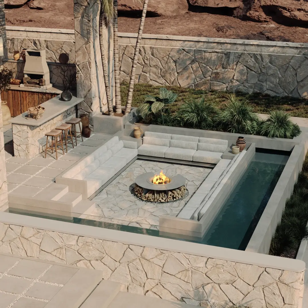 Outdoor Seating Along with Fire Pit Design in Dubai for Villas